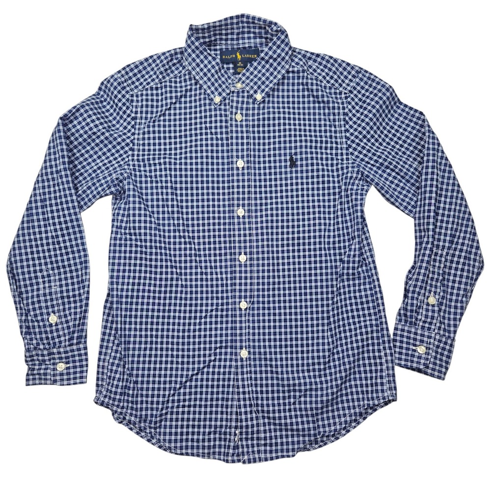 Ralph Lauren Button Down Shirt Blue White Plaid Check Sz M 10-12